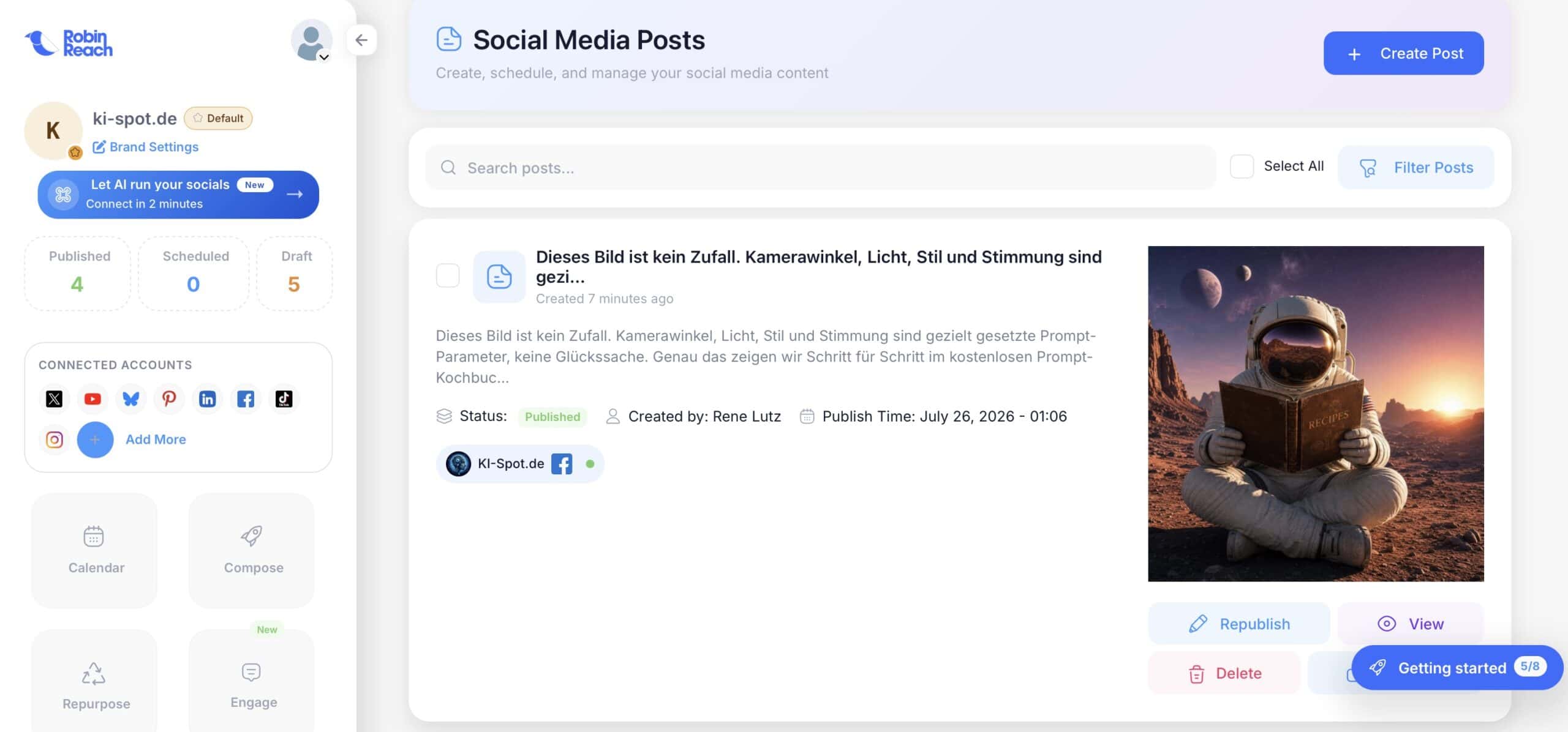 RobinReach Dashboard zeigt einen über Claude per MCP erstellten Facebook-Beitrag mit Status Published