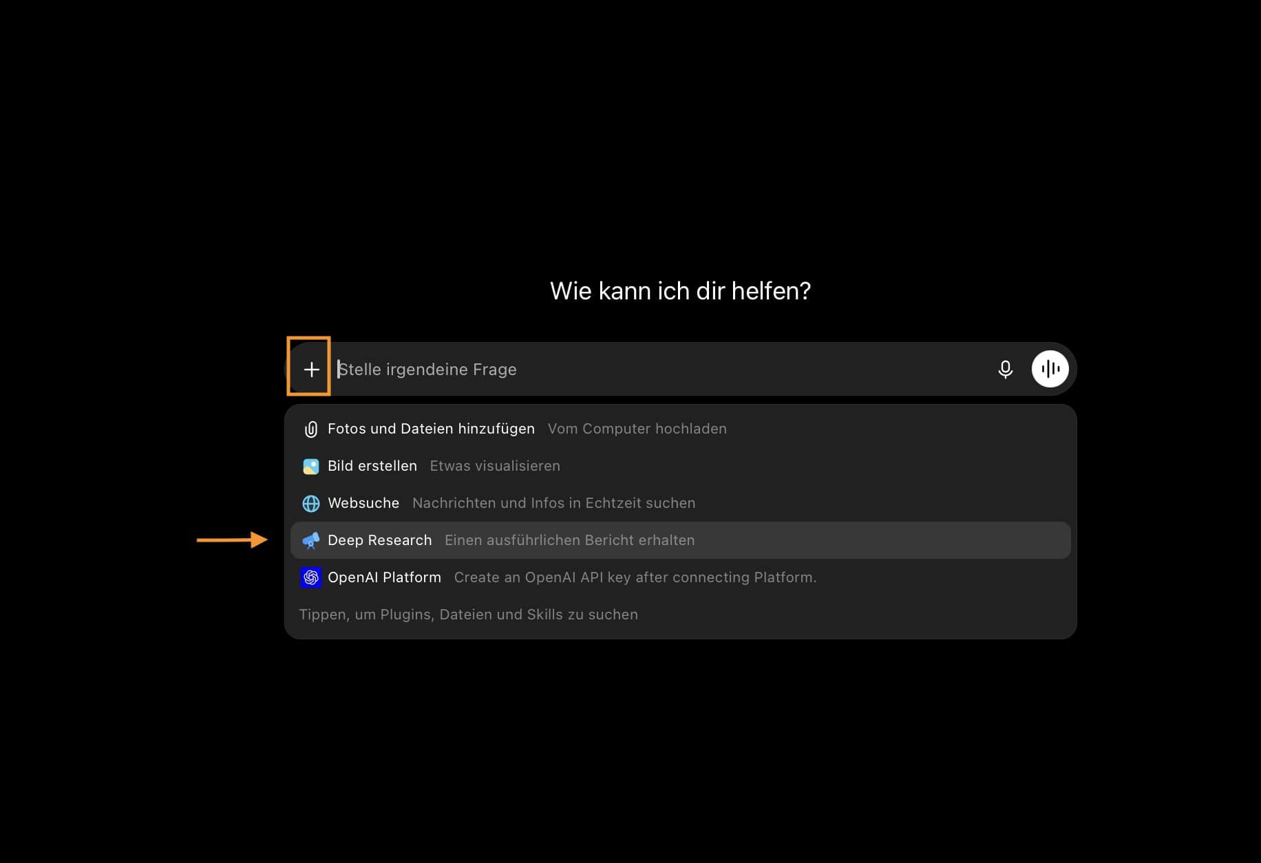 Deep-Research-Modus im Plus-Menü von ChatGPT Free