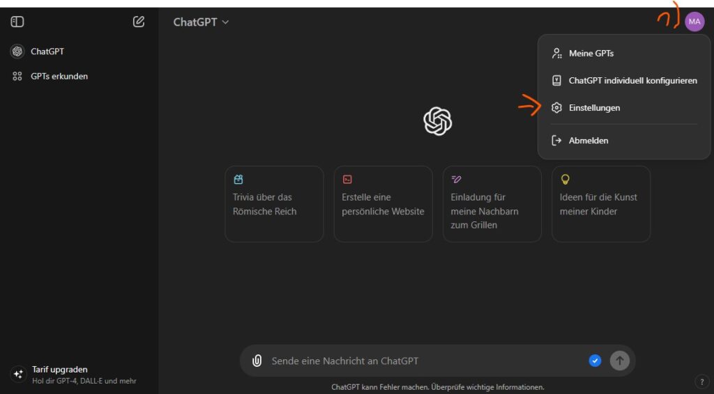 Der Aufruf der Einstellungen von ChatGPT
