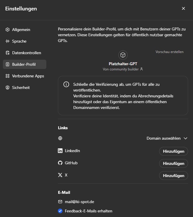 Builder-Profil für den Austausch mit deinen GPT Nutzern sorgt für Backlinks
