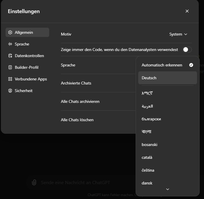 Auswahl der Sprache in ChatGPT