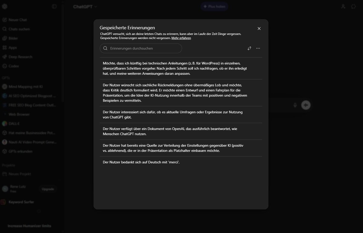 ChatGPT Erinnerungen verwalten – Übersicht der gespeicherten Einträge