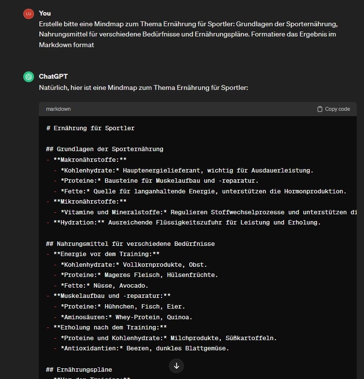 Ausgabe der Mindmap von ChatGPT im Markdown Format