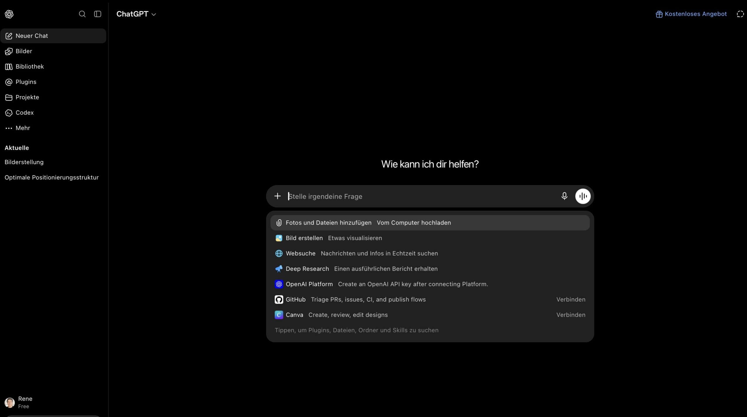 Screenshot: Startbildschirm von ChatGPT im Browser