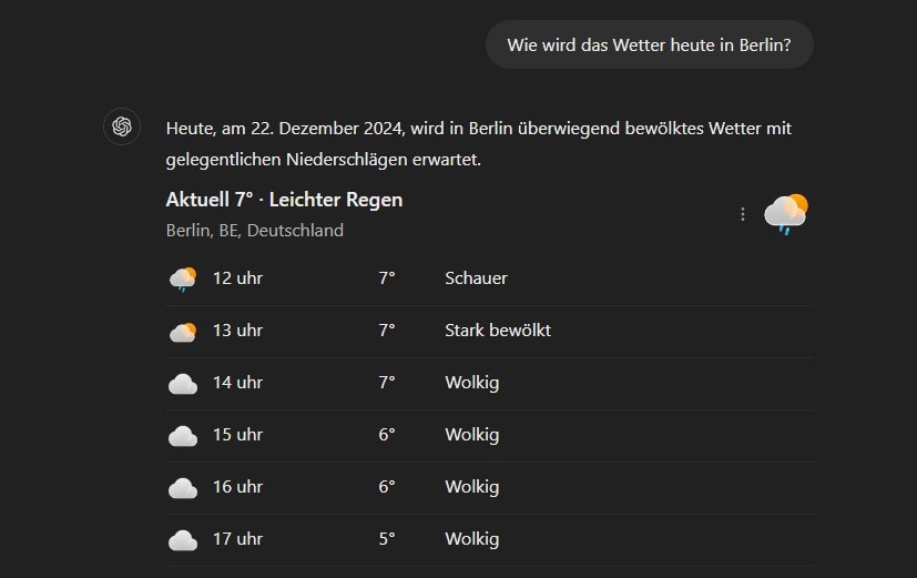 ChatGPT Suche liefert den Wetterbericht für Berlin