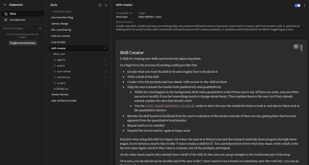 Claude Desktop-App: Anpassen → Skills mit installierter Skill-Liste