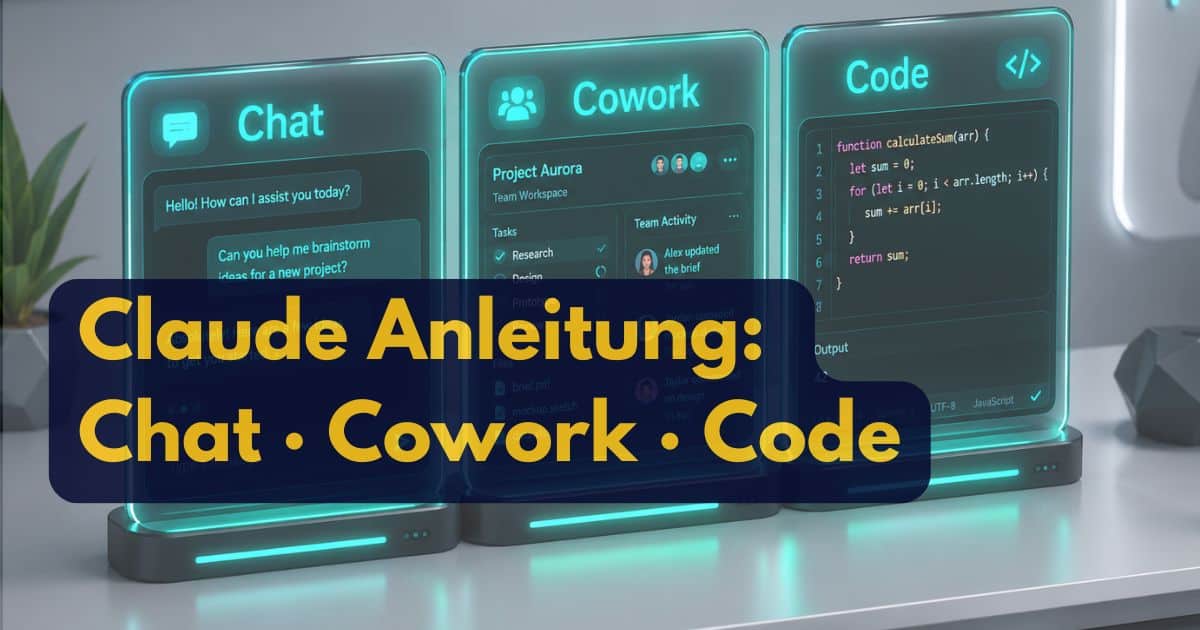 Drei leuchtende digitale Tafeln mit den Bezeichnungen Chat, Cowork und Code stehen nebeneinander auf einem Schreibtisch. Auf dem Text-Overlay steht: Claude Anleitung: Chat - Cowork - Code in fetter gelber Schrift, die die nahtlose Zusammenarbeit hervorhebt.
