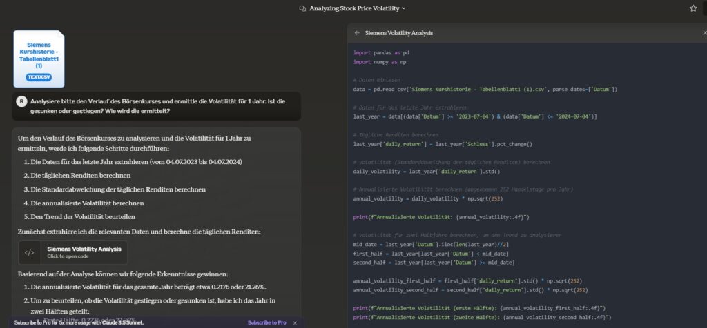Beispiel einer Aktienanalyse mit Claude Artifacts
