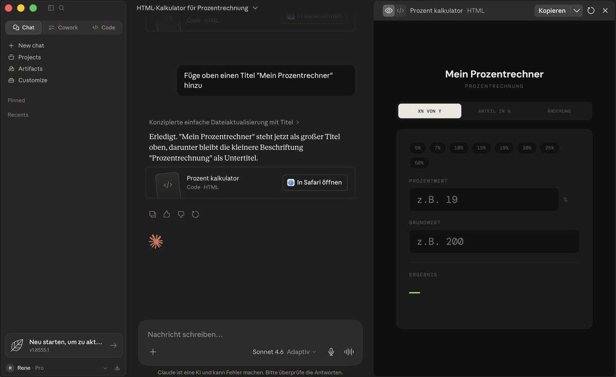 HTML-Kalkulator als Artifact mit Folgeanweisung im Chat