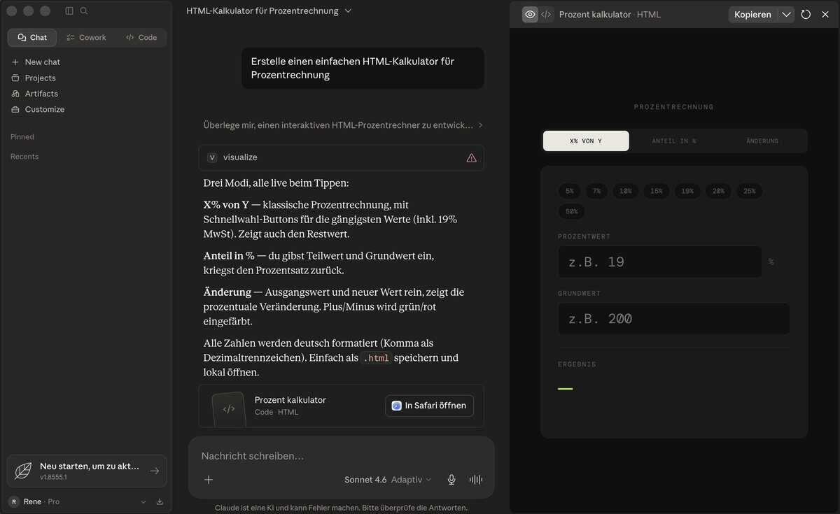 Claude-Interface mit Chat links und Artifact-Panel rechts
