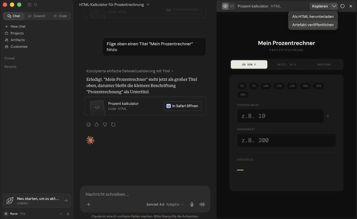Teilen-Dialog im Artifact-Panel mit privatem und öffentlichem Link