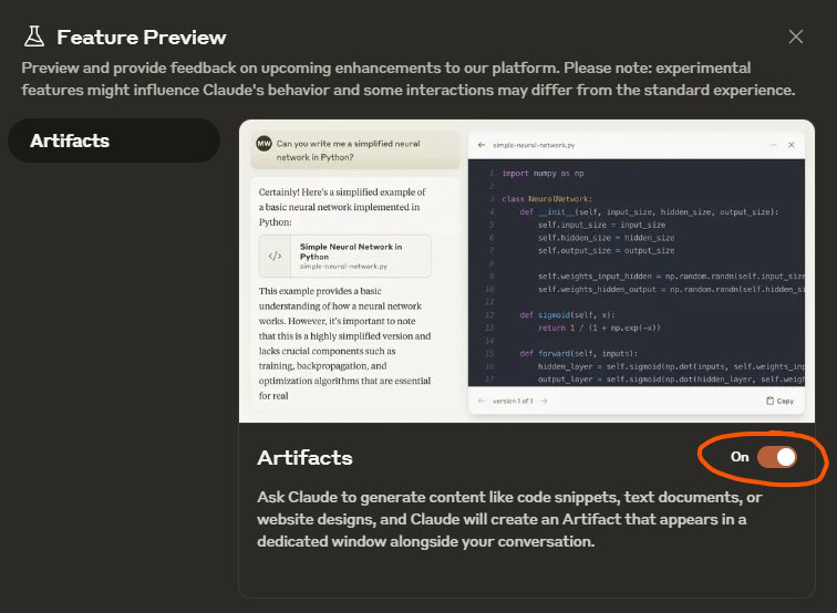 Aktivierung von Claude Artifacts, hier den Schalte auf On stellen