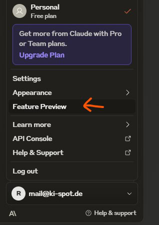 Zum Aktivieren von Claude Artifacts navigiere zu "Feature Preview"