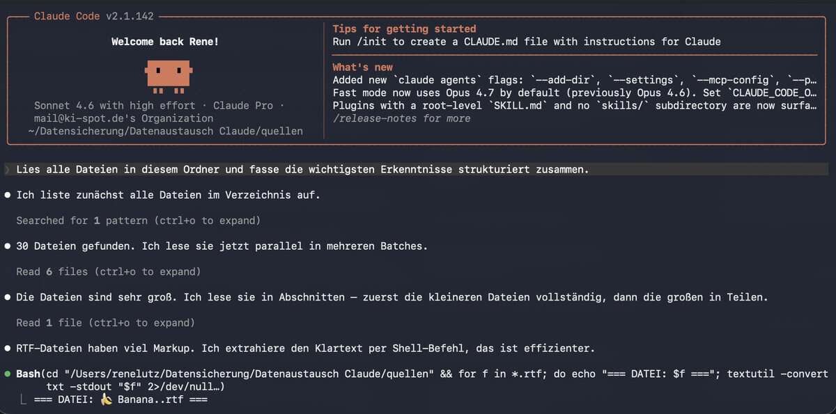 Claude Code im Terminal – analysiert mehrere Quelldateien gleichzeitig