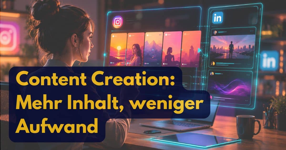 Eine Frau sitzt an einem Schreibtisch mit einem Computer, umgeben von digitalen Bildschirmen, die Inhalte sozialer Medien anzeigen. Der Text lautet: Claude Content Creation: Mehr Inhalt, weniger Aufwand (Mehr Inhalt, weniger Aufwand).
