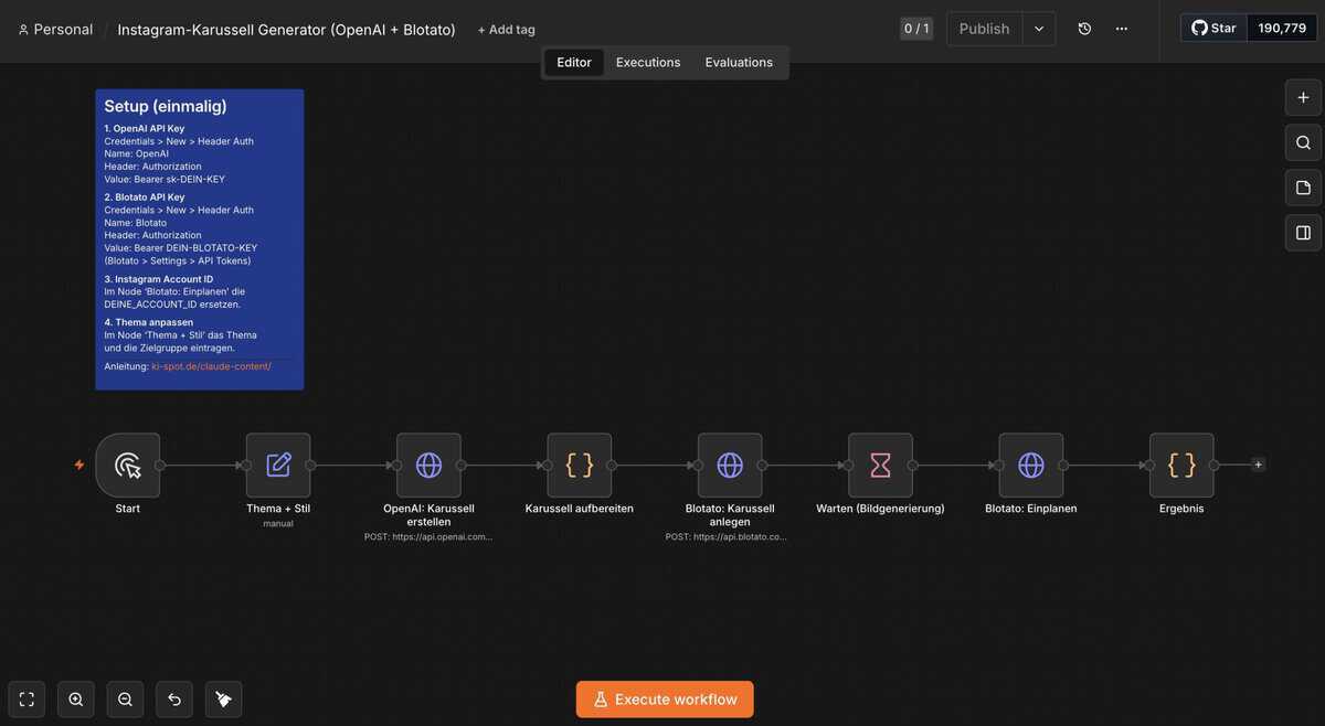 n8n Workflow mit OpenAI und Blotato Nodes für automatisches Instagram-Karussell