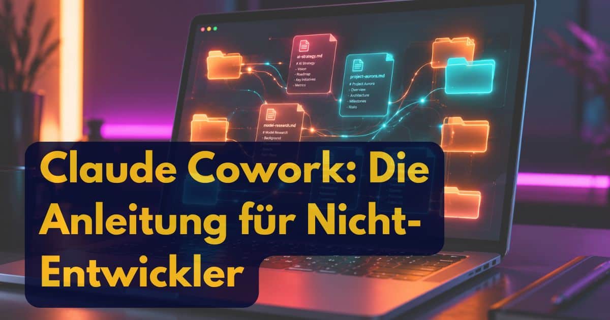 Auf einem Laptop, der auf einem Schreibtisch mit Neonbeleuchtung steht, wird ein buntes Flussdiagramm mit verbundenen Boxen angezeigt. Der eingeblendete Text auf Deutsch lautet: Claude CoWork-Die Anleitung für Nicht-Entwickler.