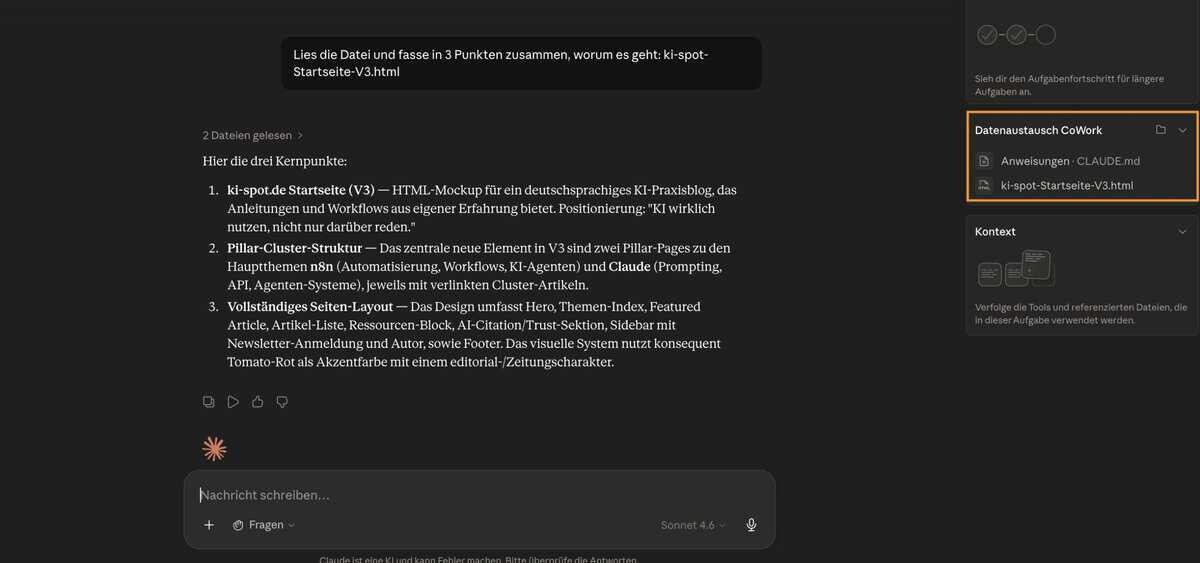 Claude Cowork Desktop-App mit geöffnetem lokalen Ordner in der Seitenleiste