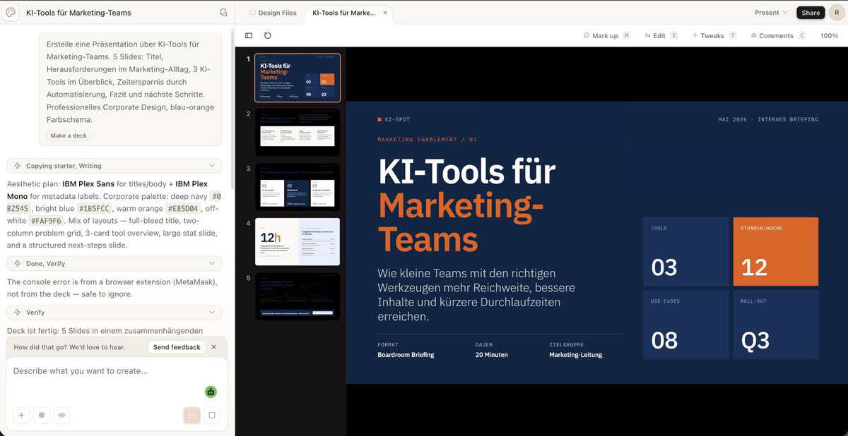 Claude Design Interface bei der Erstellung einer Präsentation
