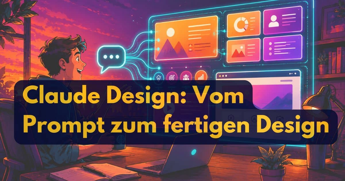 Eine Person sitzt an einem Schreibtisch mit einem Laptop und lächelt über schwebende Claude Design Vorlagen und Diagramme. Der Hintergrund zeigt einen Sonnenuntergangshimmel und Pflanzen. Der große Text lautet: Claude Design: Vom Prompt zum fertigen Design.