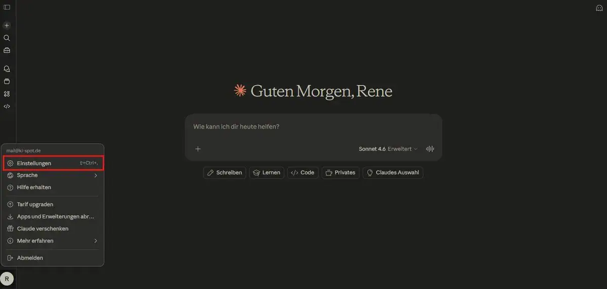 Claude.ai Einstellungen – linke Navigation mit allen neun Bereichen