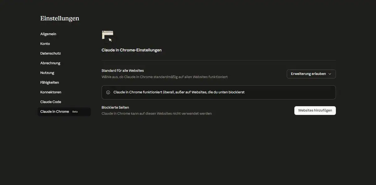 Claude in Chrome Einstellungen – Toggle aktivieren und Seiten blockieren