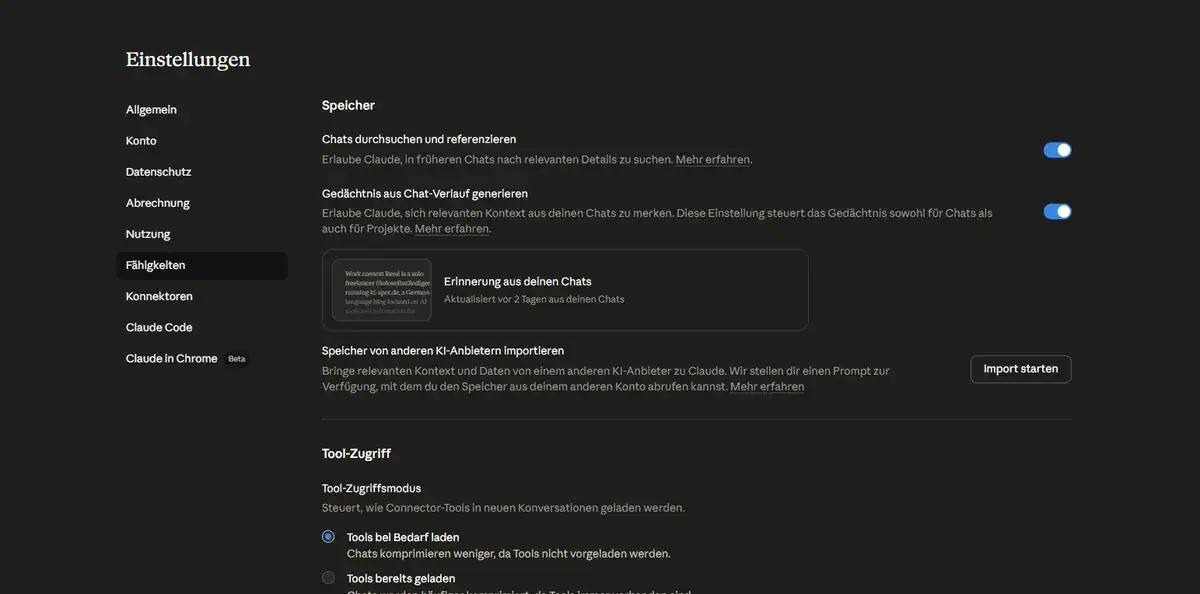 Claude Einstellungen Fähigkeiten – Speicher-Toggles und gespeicherte Erinnerungen