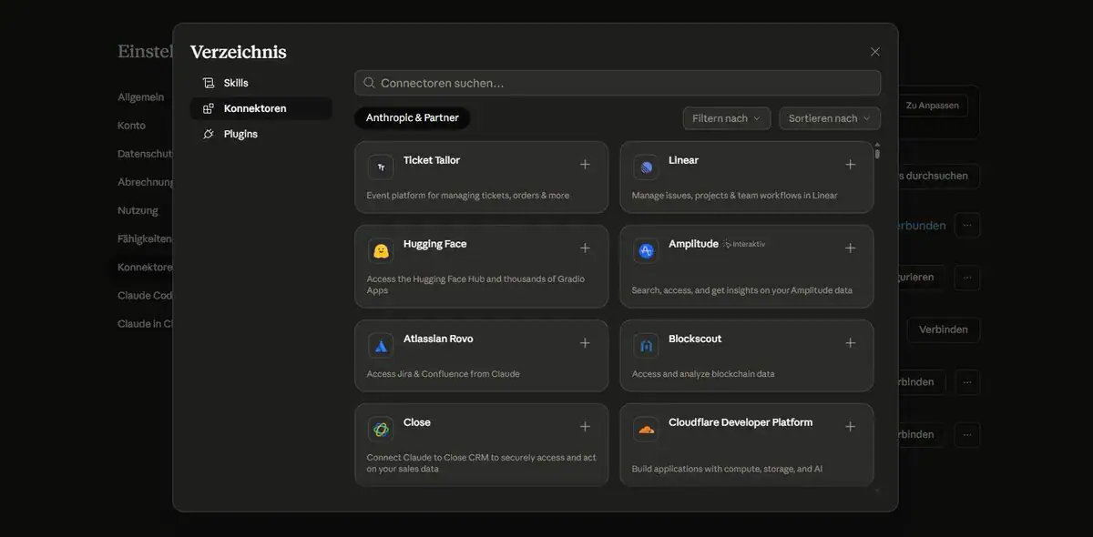 Claude Konnektoren-Verzeichnis – Übersicht verfügbarer Integrationen