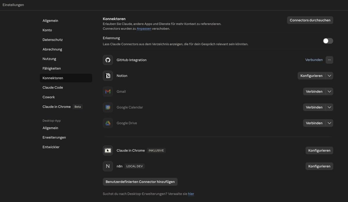 n8n MCP Server einrichten: Claude Desktop Konnektoren-Einstellungen mit n8n LOCAL DEV als benutzerdefiniertem Konnektor