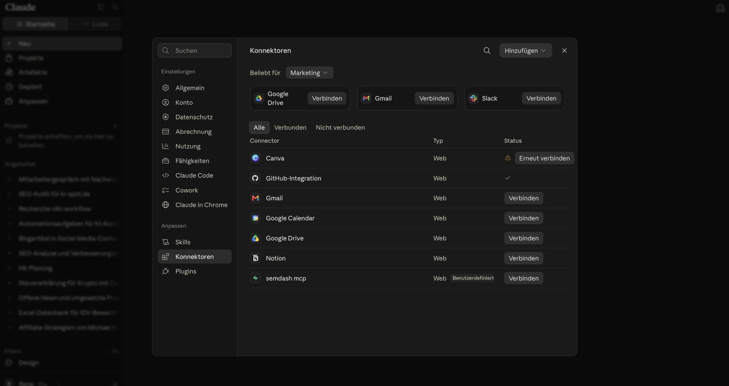 Claude.ai Connectors-Einstellungen mit dem Verzeichnis verfügbarer Dienste wie Google Drive, Gmail und Slack sowie bereits eingerichteten Connectors wie Canva und GitHub-Integration.
