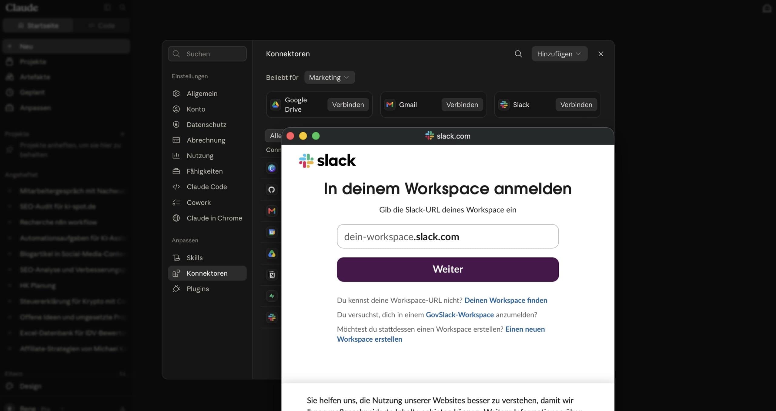 OAuth-Autorisierungsdialog von Slack beim Verbinden eines Connectors mit Claude, mit Eingabefeld für die Workspace-URL.