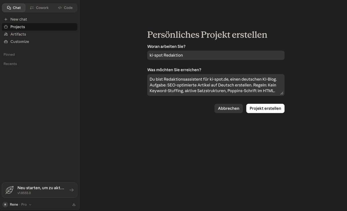 Claude Projects Einrichtung mit Custom Instructions Feld