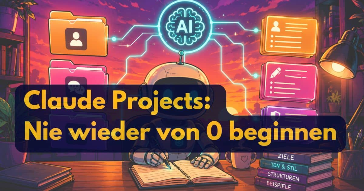 Ein Roboter sitzt an einem Schreibtisch mit Ordnern, Notizen und dem KI-Symbol von Claude Projects über ihm. Der Text lautet: Claude Projects: Nie wieder von 0 beginnen. Ein bunter Sonnenuntergang hebt die digitalen Verbindungen zwischen den Symbolen im Hintergrund hervor.