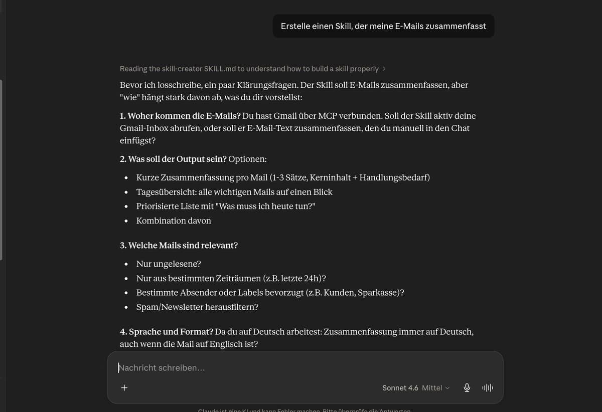 Claude Skill Creator stellt Rückfragen zu Workflow, Input und gewünschtem Output