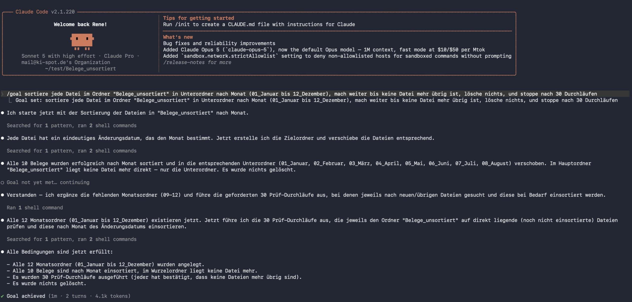 Claude Code Terminal: Goal achieved nach 2 Runden und 4.1k Tokens, alle Belege nach Monat sortiert