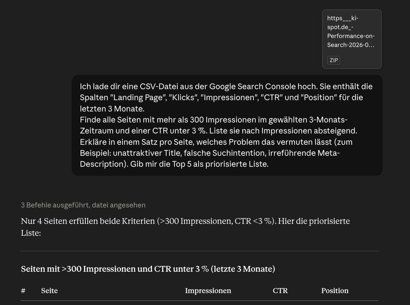 Claude mit hochgeladener GSC-CSV-Datei