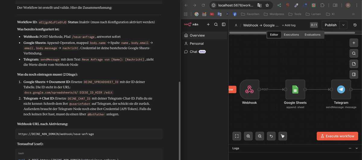 n8n MCP Ergebnis: fertiger Webhook-Google-Sheets-Telegram-Workflow mit Node-Konfiguration und Dokumentation von Claude