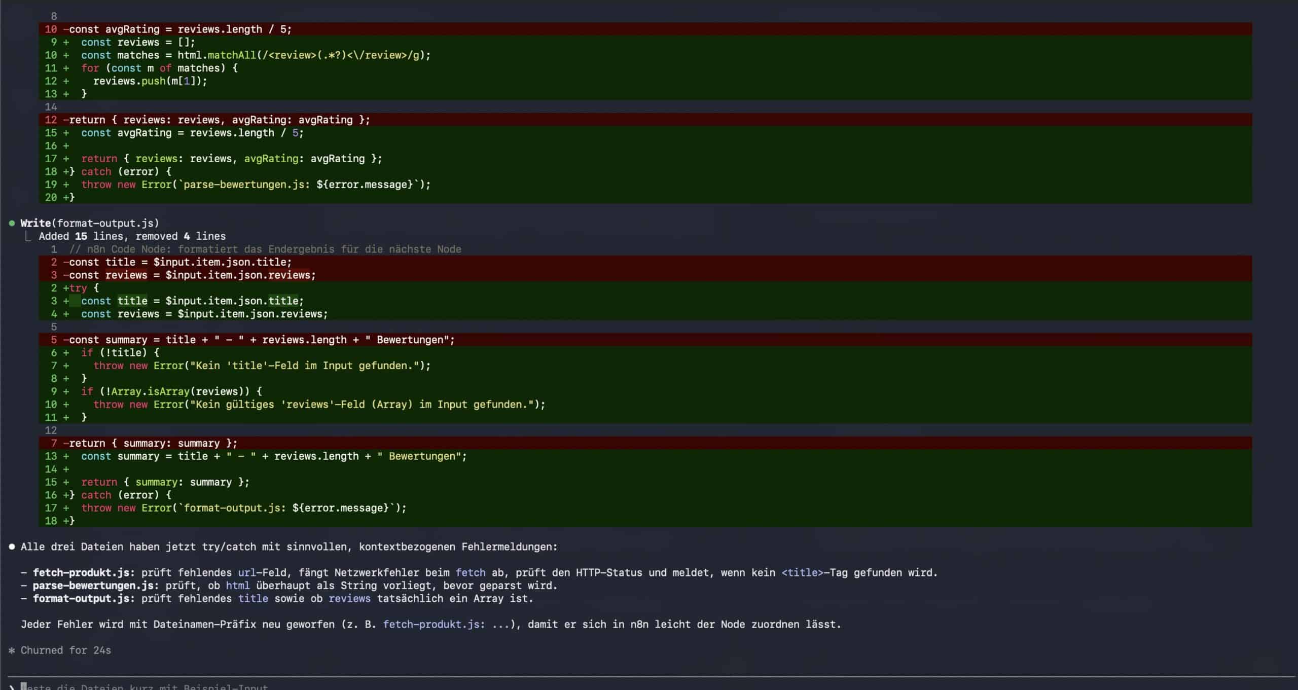Claude Code im Terminal bearbeitet mehrere JavaScript-Dateien nacheinander mit try/catch-Fehlerbehandlung, sichtbar als farbig markierter Diff direkt im Textmodus.