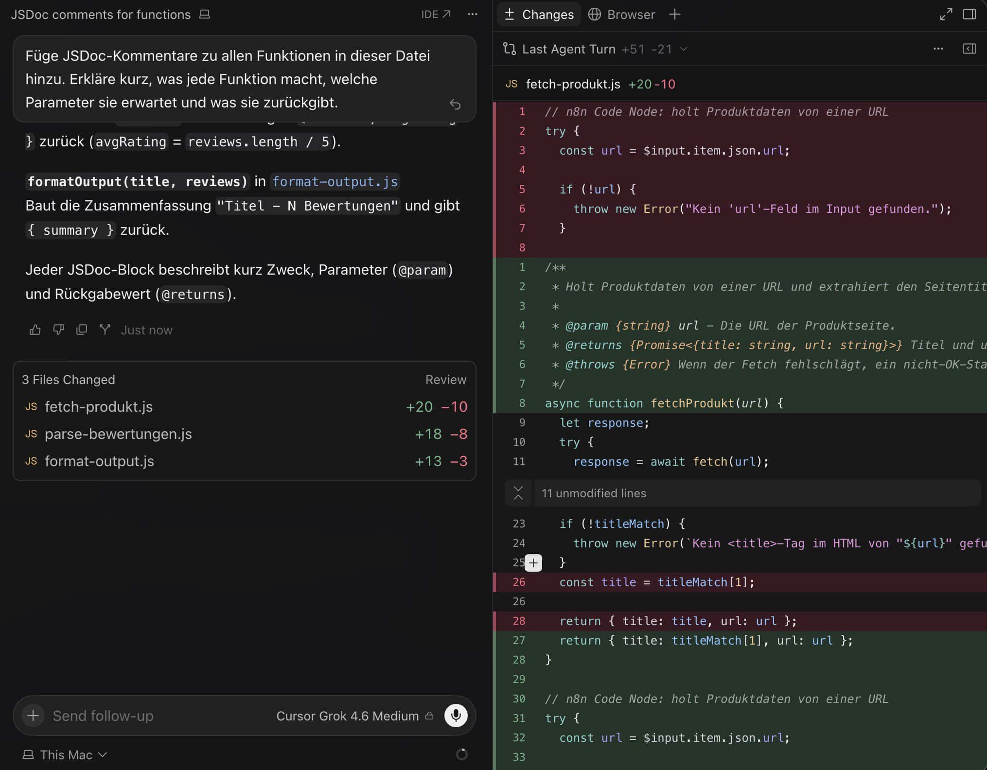 Cursor-Editor mit geöffnetem Agent-Chat-Panel links und farbigem Inline-Diff rechts, drei geänderte Dateien in der Übersicht, aktives Modell Grok 4.6 Medium.