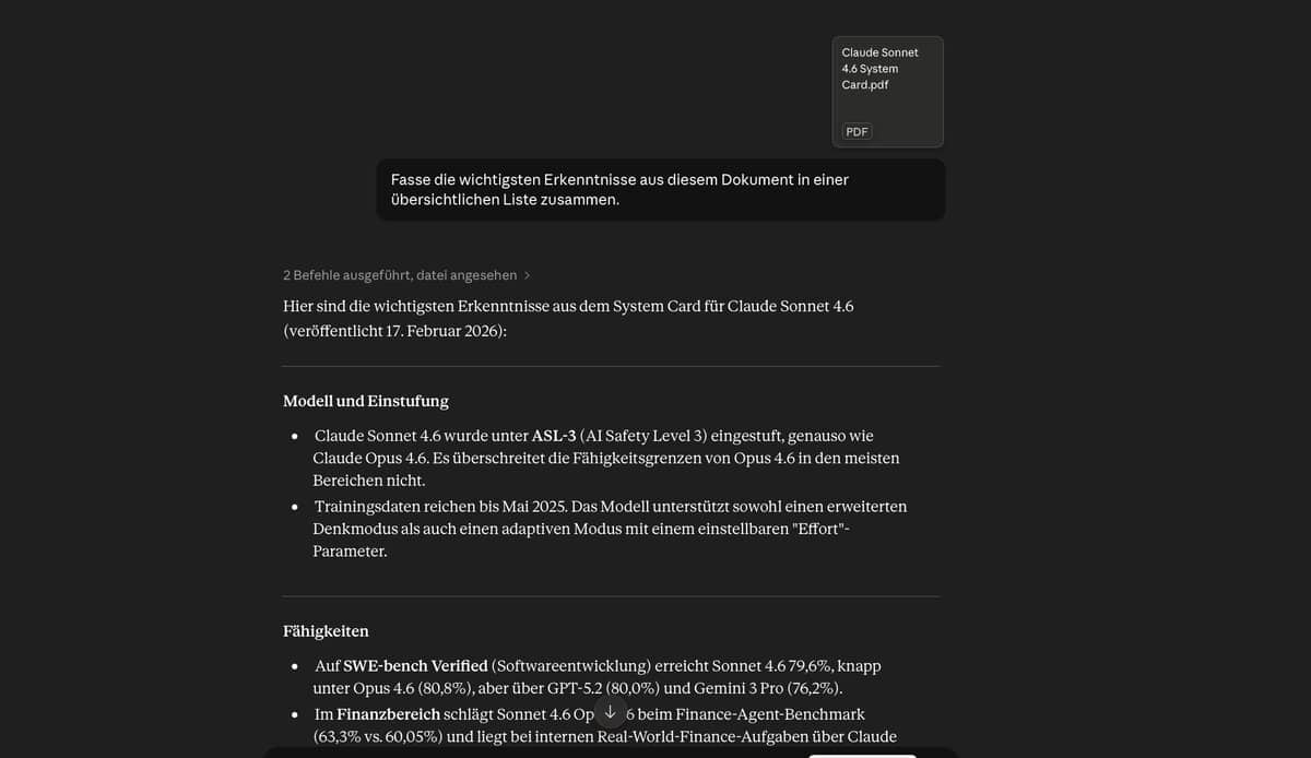Claude.ai Chat-Interface mit hochgeladenem PDF-Dokument und strukturierter Analyse-Antwort