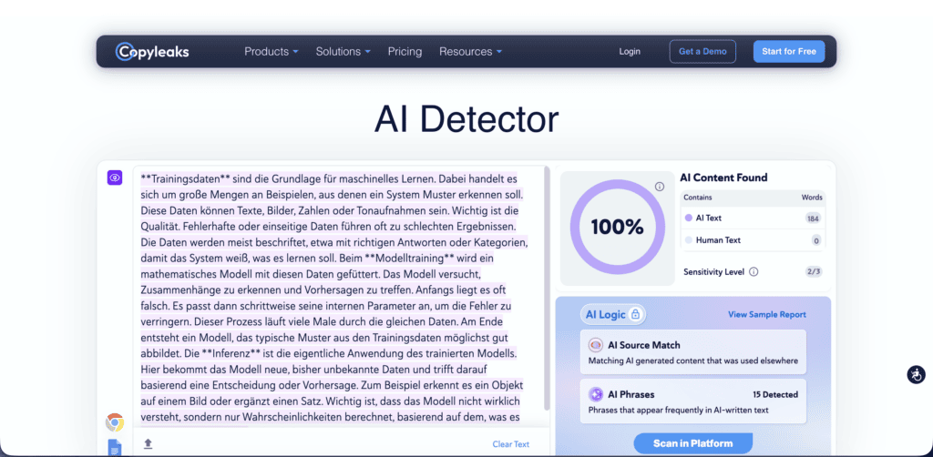 Screenshot der Copyleaks AI-Detector-Webseite mit einem deutschen Textbeispiel, einem 100%igen "Human Text"-Ergebnis und Analysefeldern auf der rechten Seite, die die AI-Erkennungsergebnisse zusammenfassen.