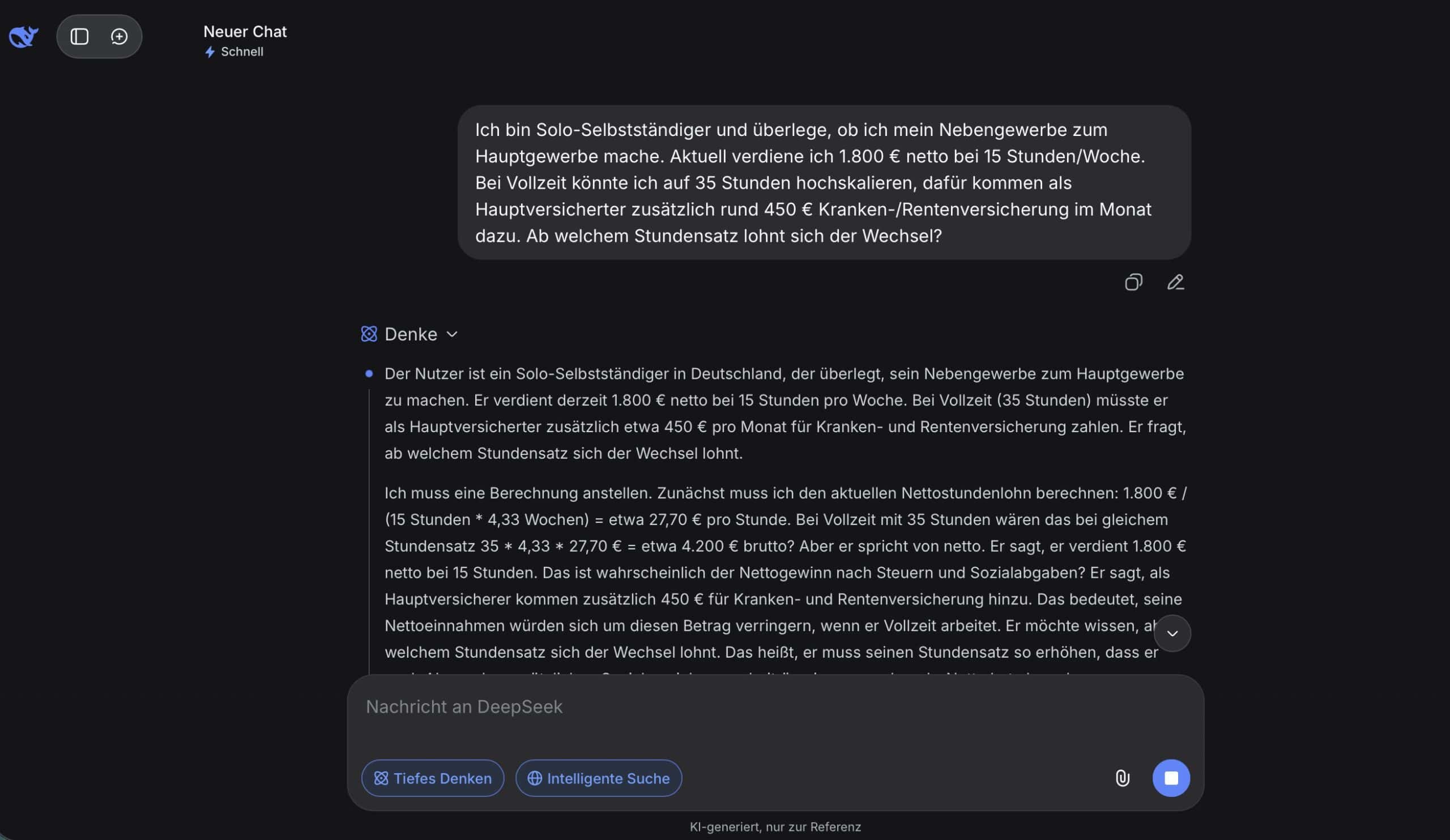 chat.deepseek.com Oberfläche auf Deutsch mit aktiviertem Tiefes-Denken-Modus, Denkprozess wird live angezeigt