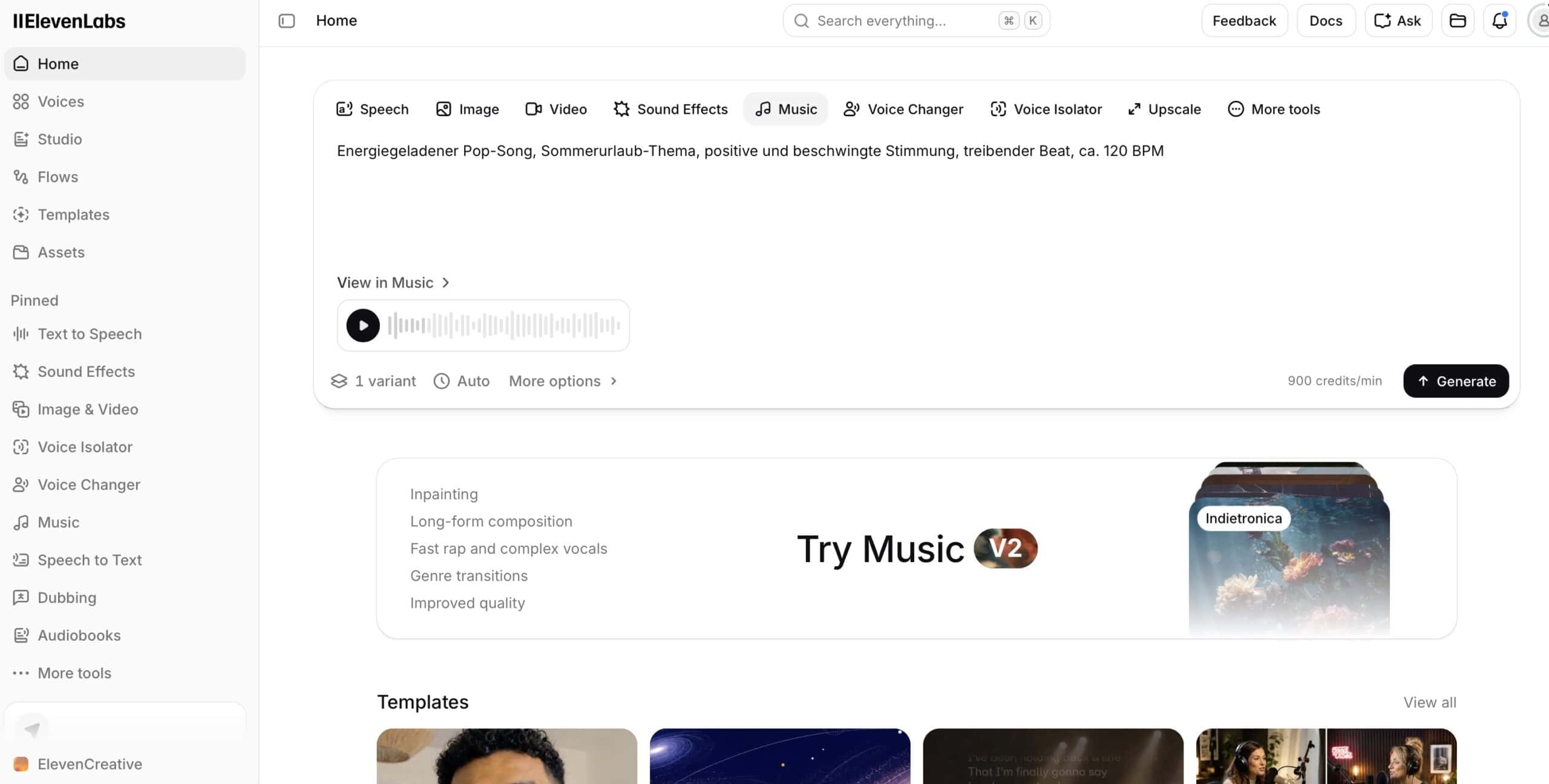 ElevenLabs Music Generierungsübersicht mit fertigen Tracks