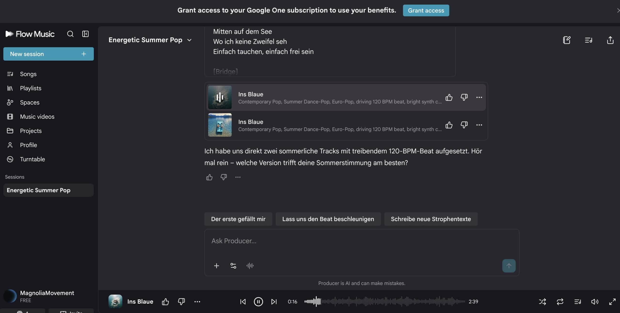 Google Flow Music Oberfläche mit Songbearbeitung, Strophen und Refrain einzeln anpassbar