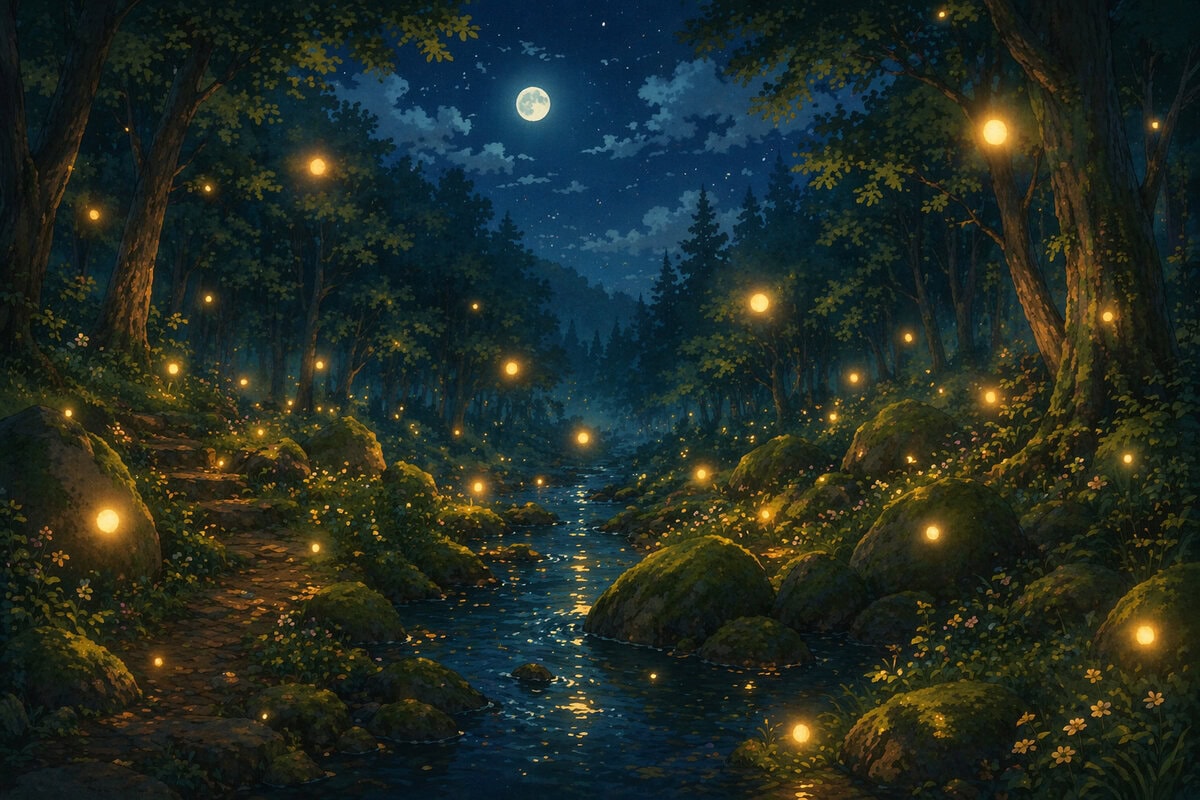 ChatGPT Bild erstellen: magischer Wald bei Nacht im Ghibli-Animationsstil