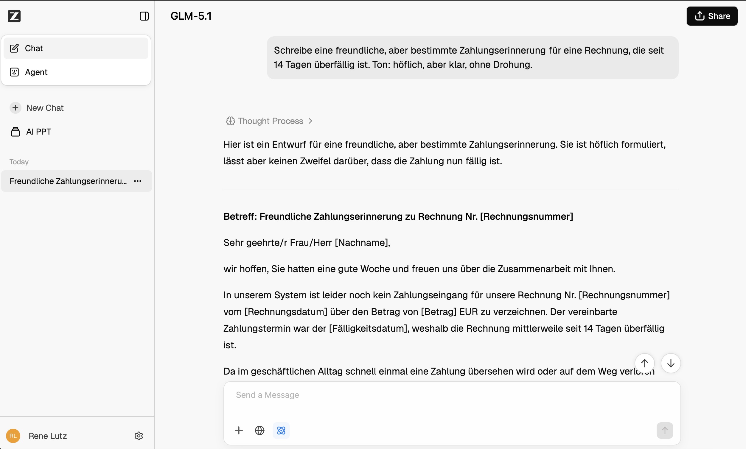 chat.z.ai Oberfläche im anonymen Chat mit GLM-5.1: Prompt für eine Zahlungserinnerung und Antwortbeginn