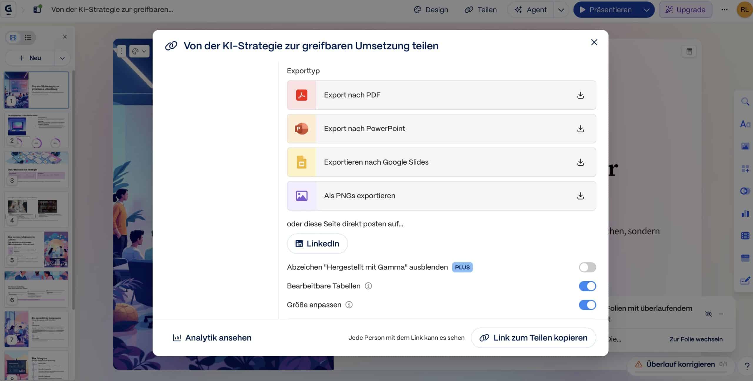 Gamma Export-Dialog mit Auswahl PDF, PowerPoint und Google Slides