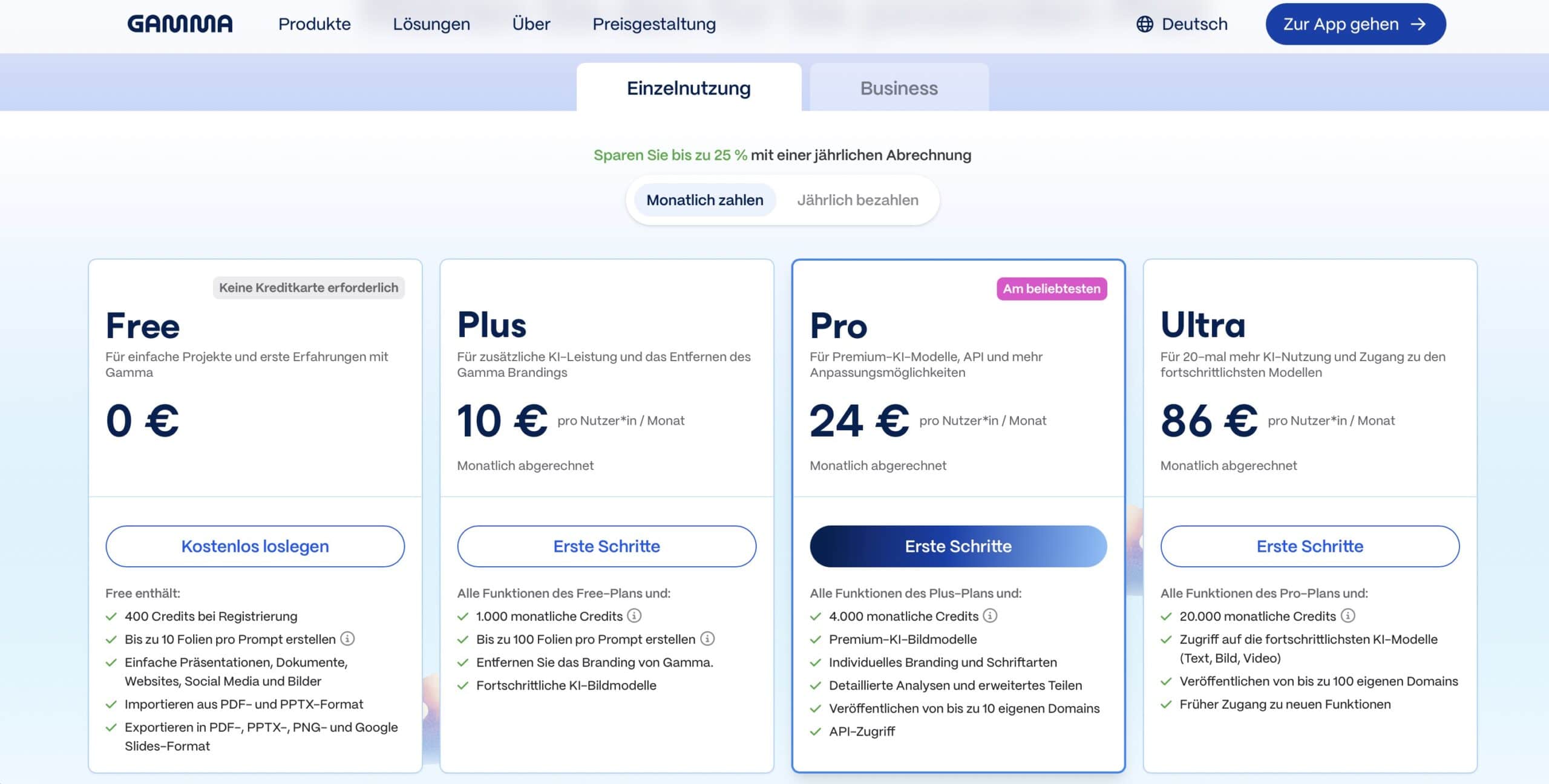 Gamma Preisseite mit den vier Plänen Free, Plus, Pro und Ultra