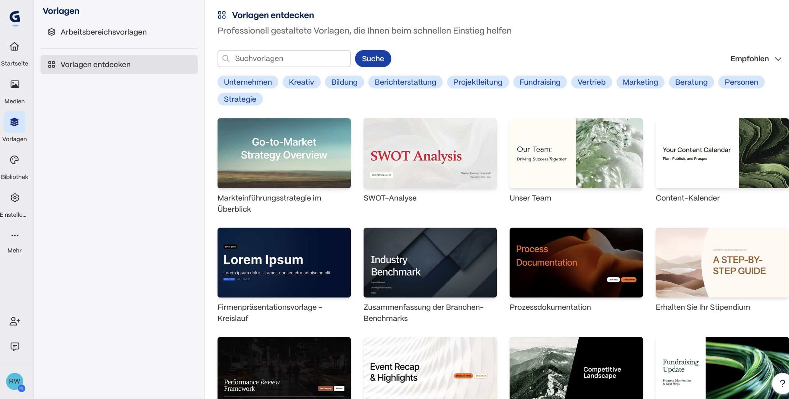 Gamma Template-Galerie mit verschiedenen Design-Vorlagen
