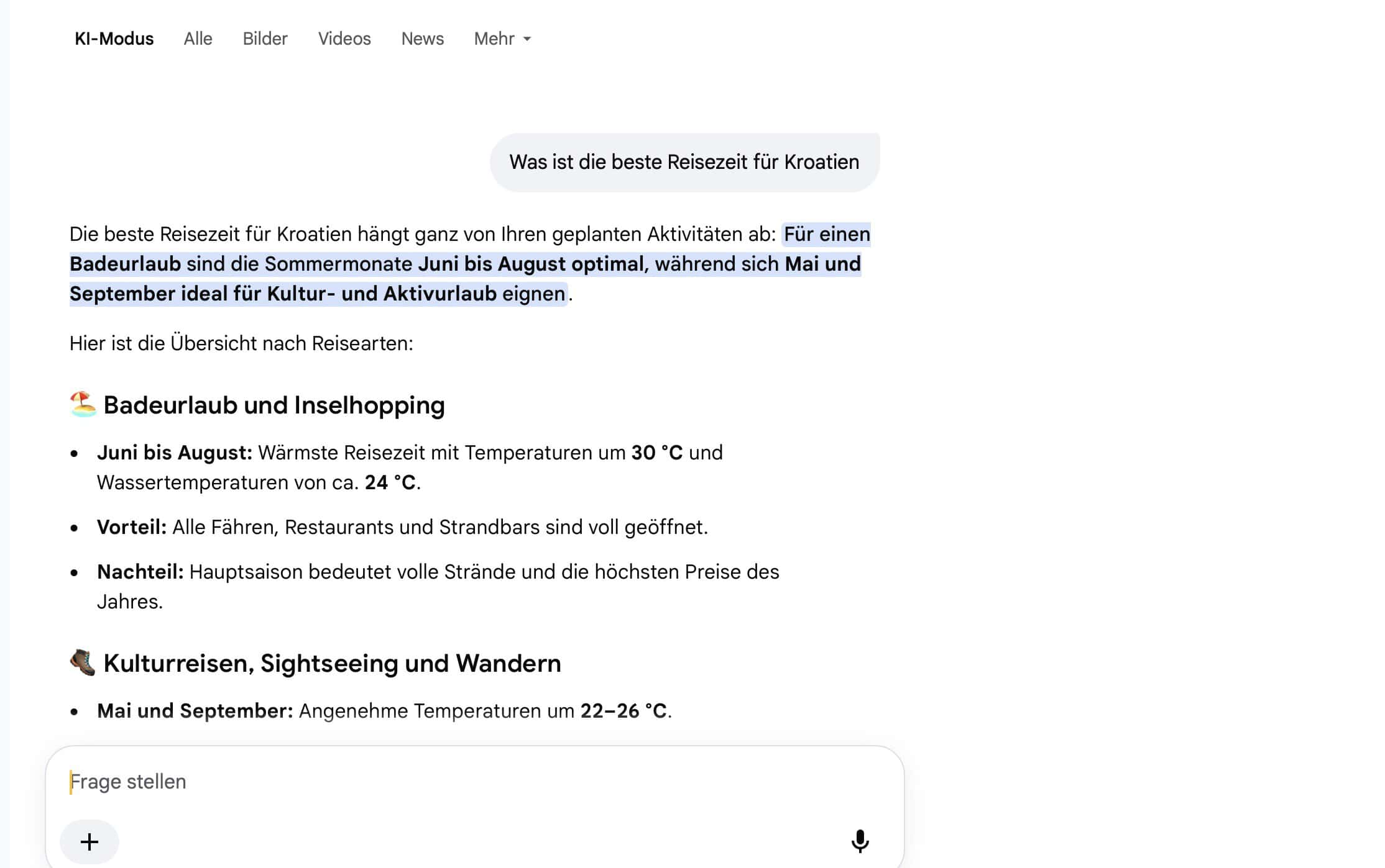 Google-Suche im KI-Modus: Die gestellte Frage und eine ausformulierte, chatartige Antwort erscheinen anstelle einer klassischen Trefferliste.